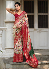 Off White Red Tussar Silk Ikkat Print Saree