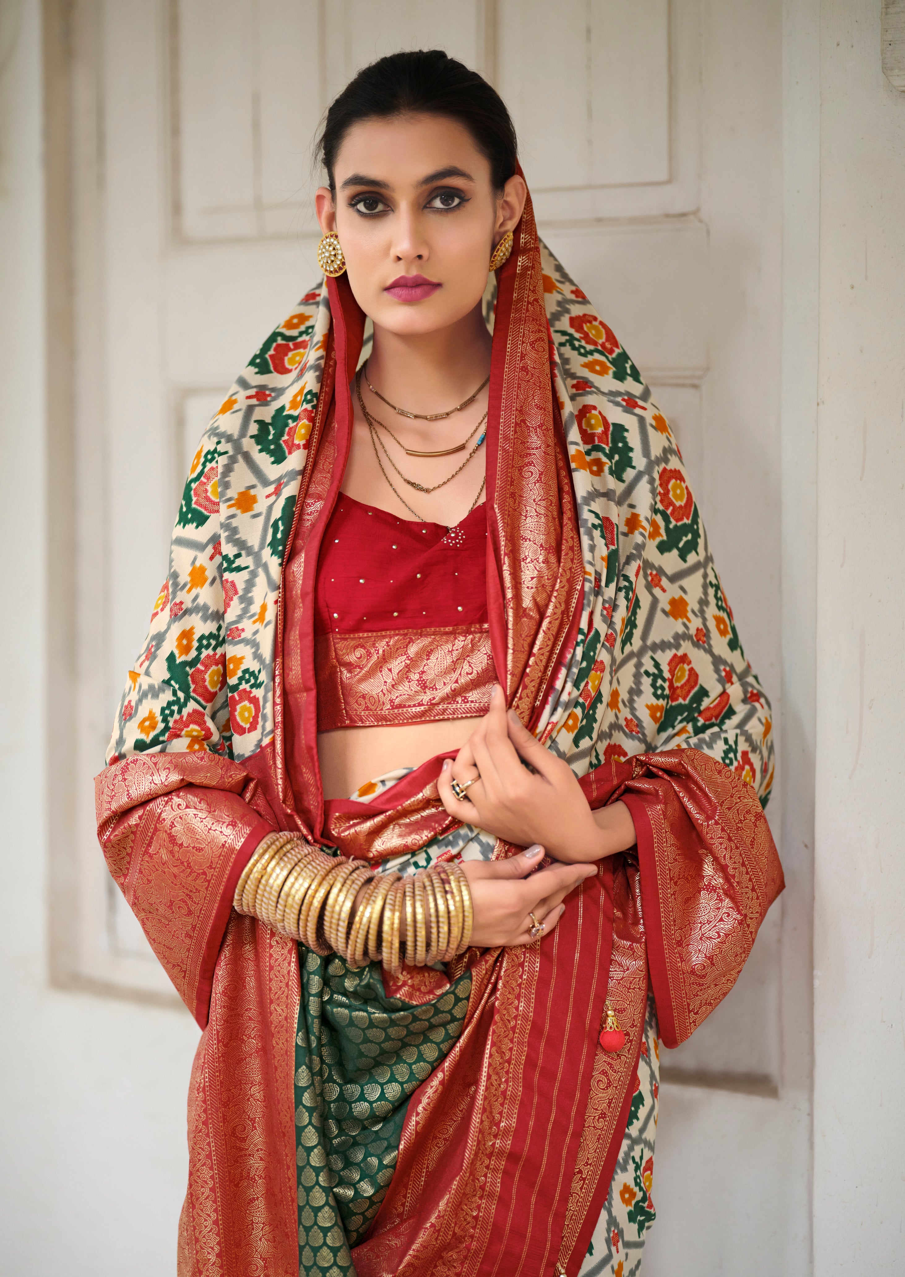 Off White Red Tussar Silk Ikkat Print Saree