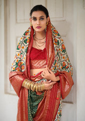 Off White Red Tussar Silk Ikkat Print Saree