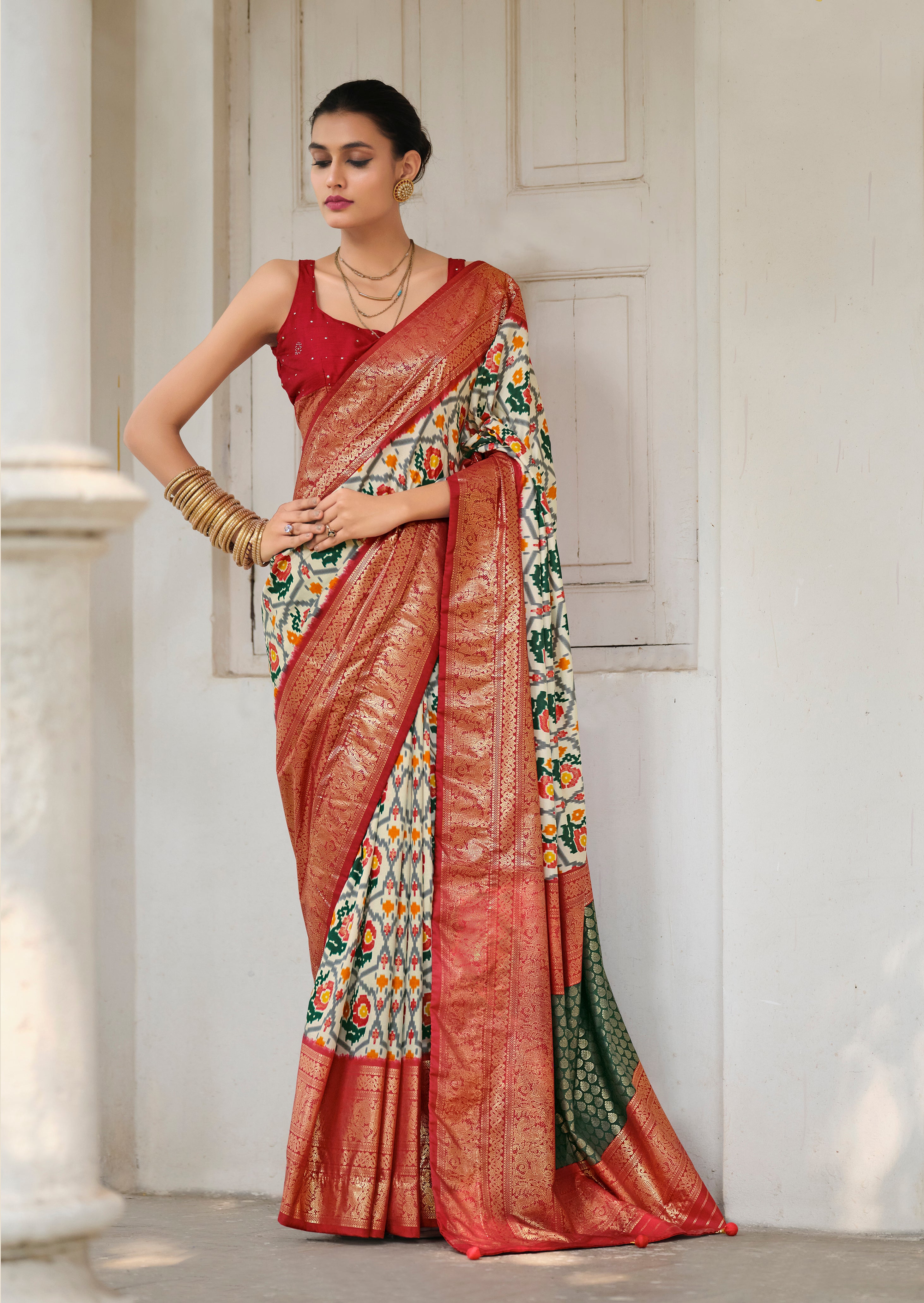 Off White Lipstick Red Tussar Silk Ikkat Print Saree