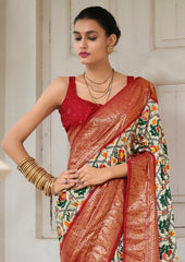 Off White Lipstick Red Tussar Silk Ikkat Print Saree