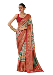 Off White Lipstick Red Tussar Silk Ikkat Print Saree