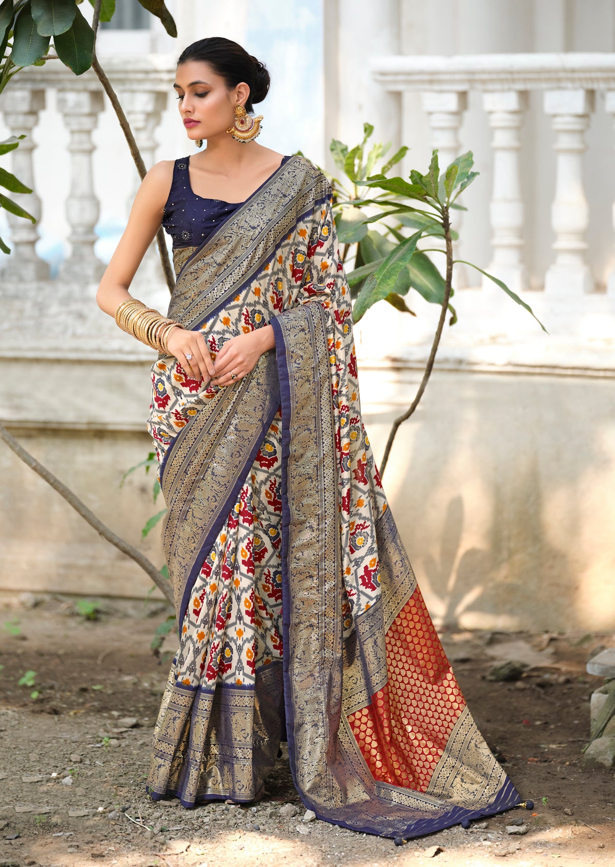 Off White Navy Blue Tussar Silk Ikkat Print Saree