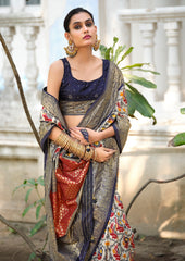 Off White Navy Blue Tussar Silk Ikkat Print Saree