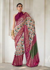 Off White Purple Tussar Silk Ikkat Print Saree