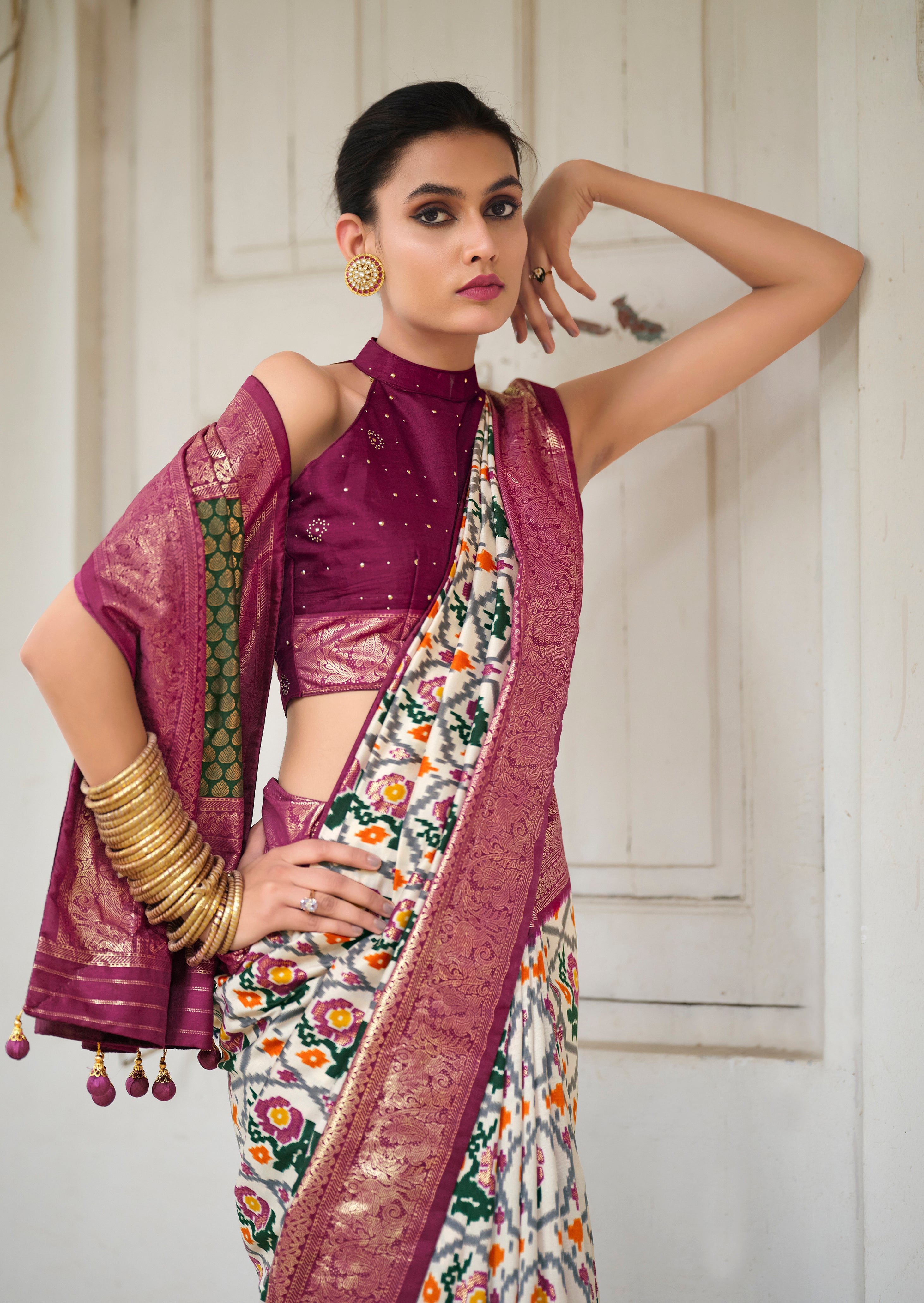 Off White Purple Tussar Silk Ikkat Print Saree