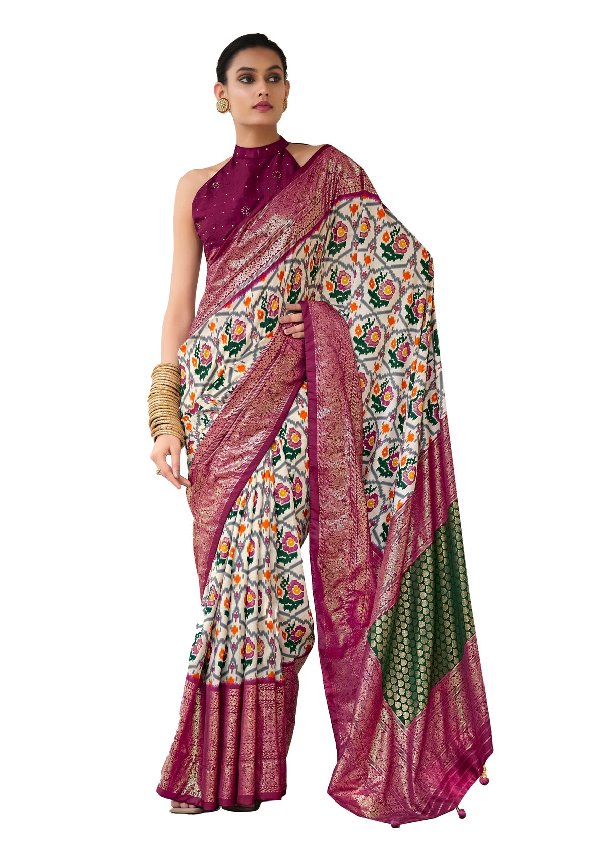 Off White Purple Tussar Silk Ikkat Print Saree