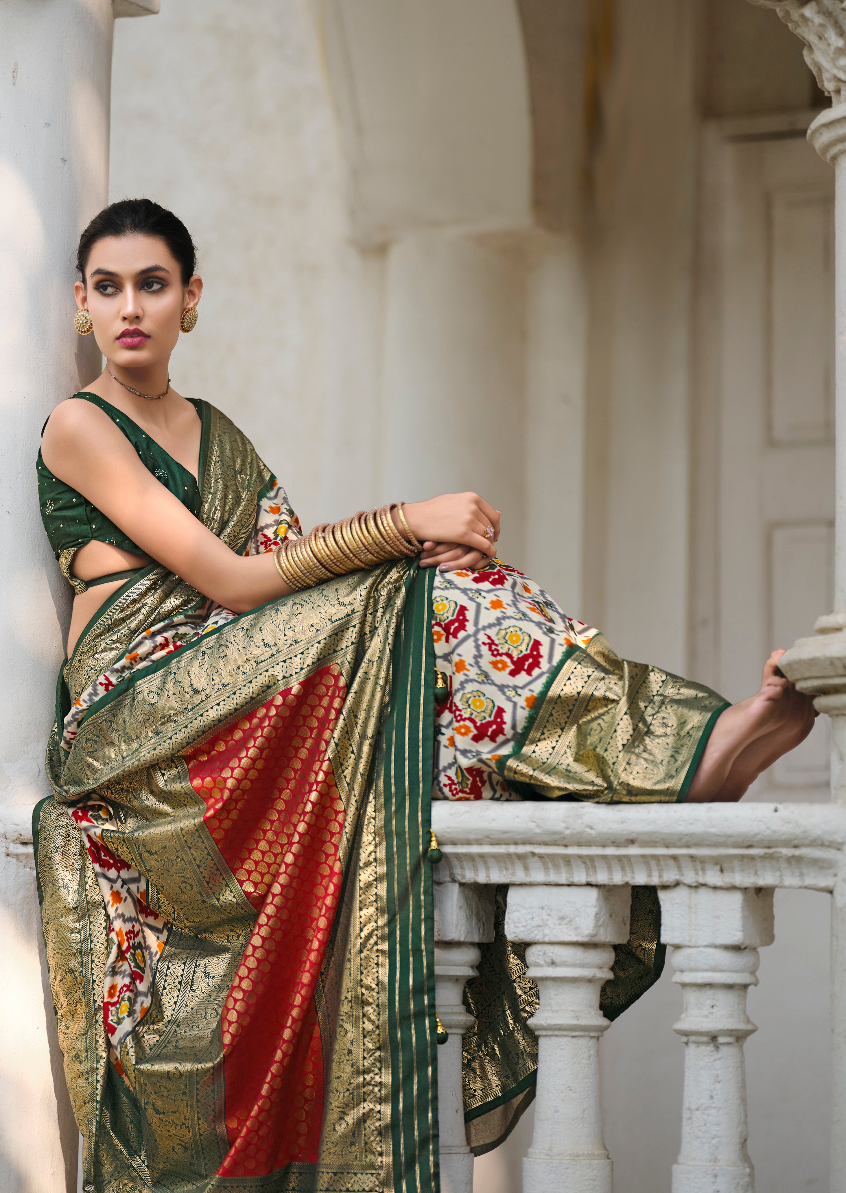 Off White Lunar Green Tussar Silk Ikkat Print Saree