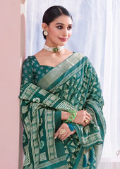 Mineral Green Dola Silk Chevron Print Saree