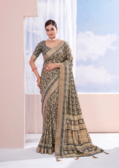 Taupe Grey Dola Silk Chevron Print Saree