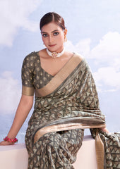 Taupe Grey Dola Silk Chevron Print Saree