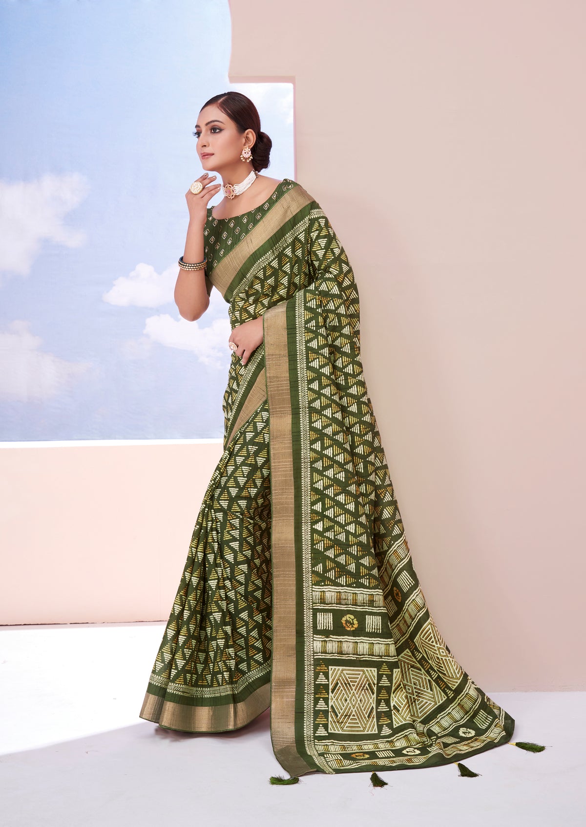 Camo Green Dola Silk Chevron Print Saree