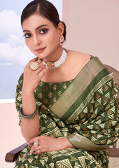 Camo Green Dola Silk Chevron Print Saree