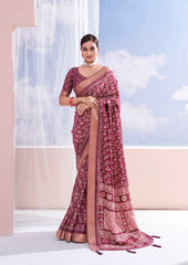 Velvet Maroon Dola Silk Chevron Print Saree