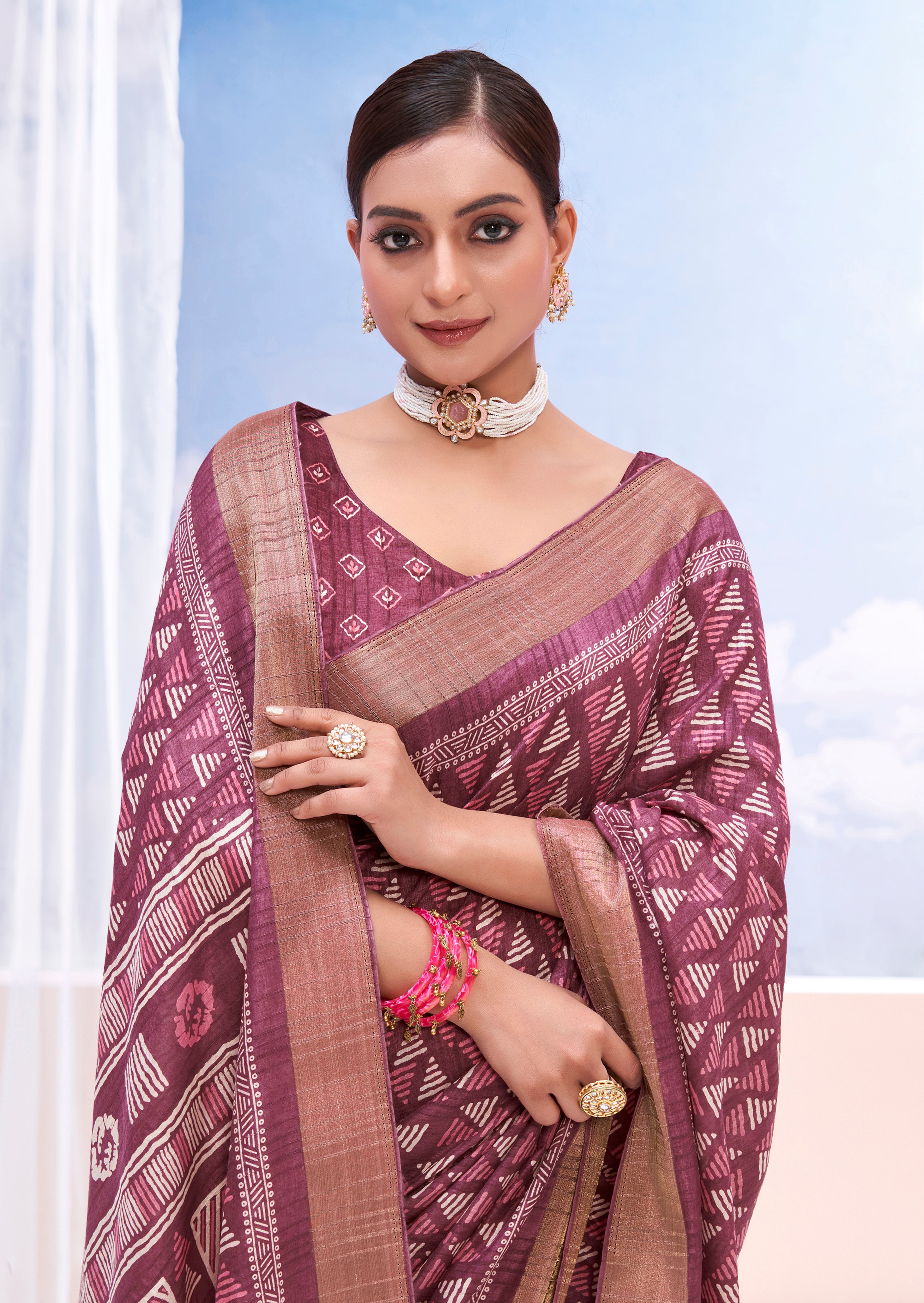 Velvet Maroon Dola Silk Chevron Print Saree