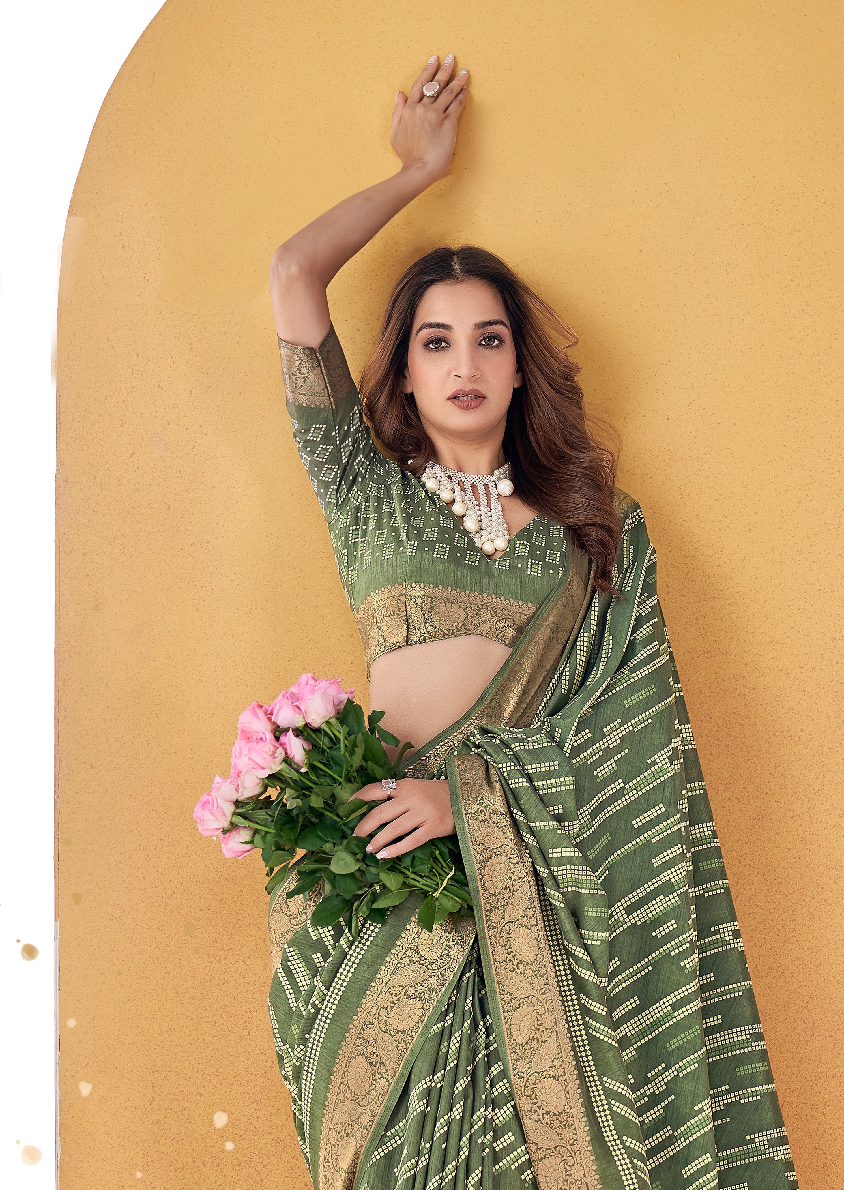 Olive Green Dola Silk Bandhani Print Saree