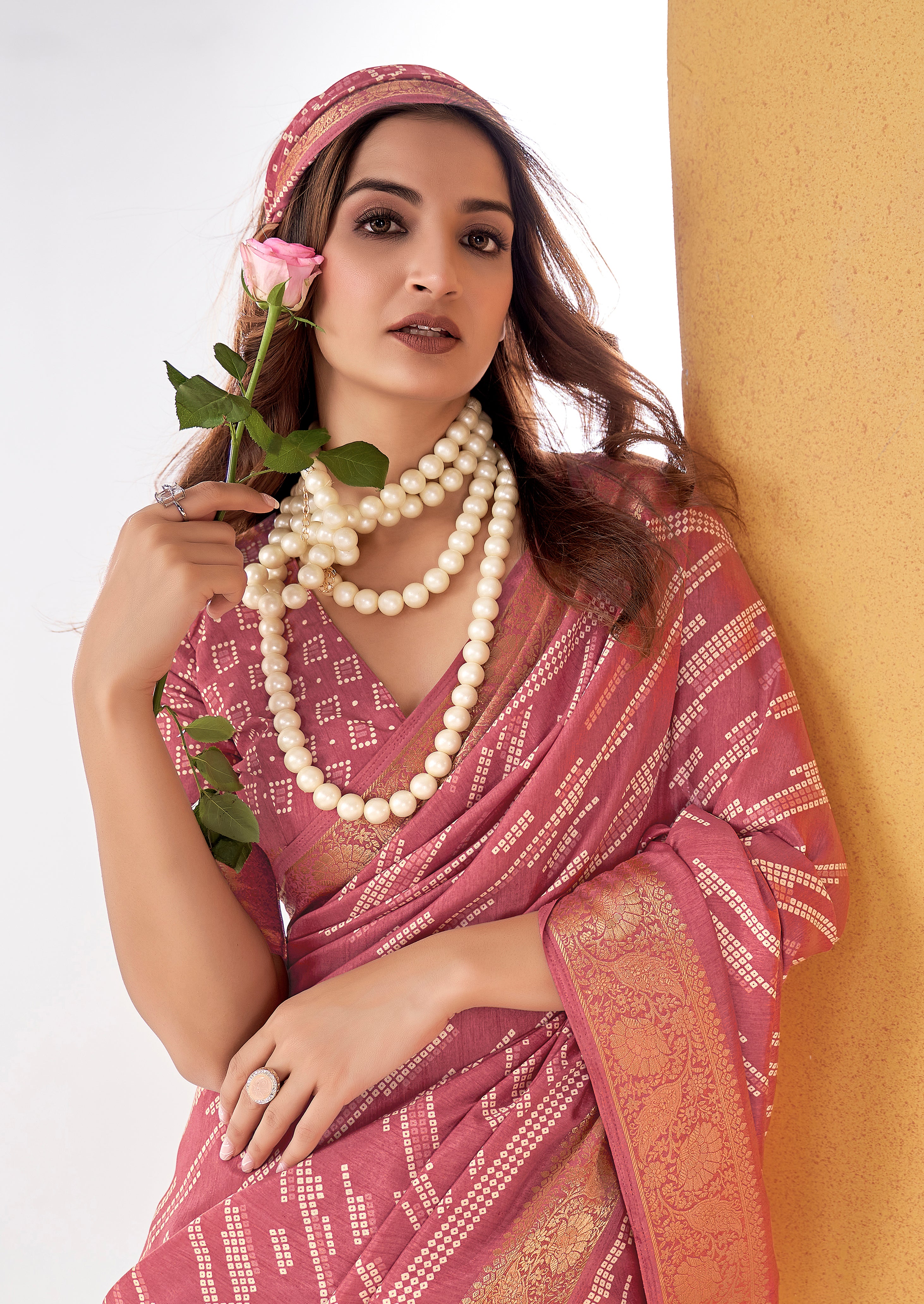 Rose Dola Silk Bandhani Print Saree