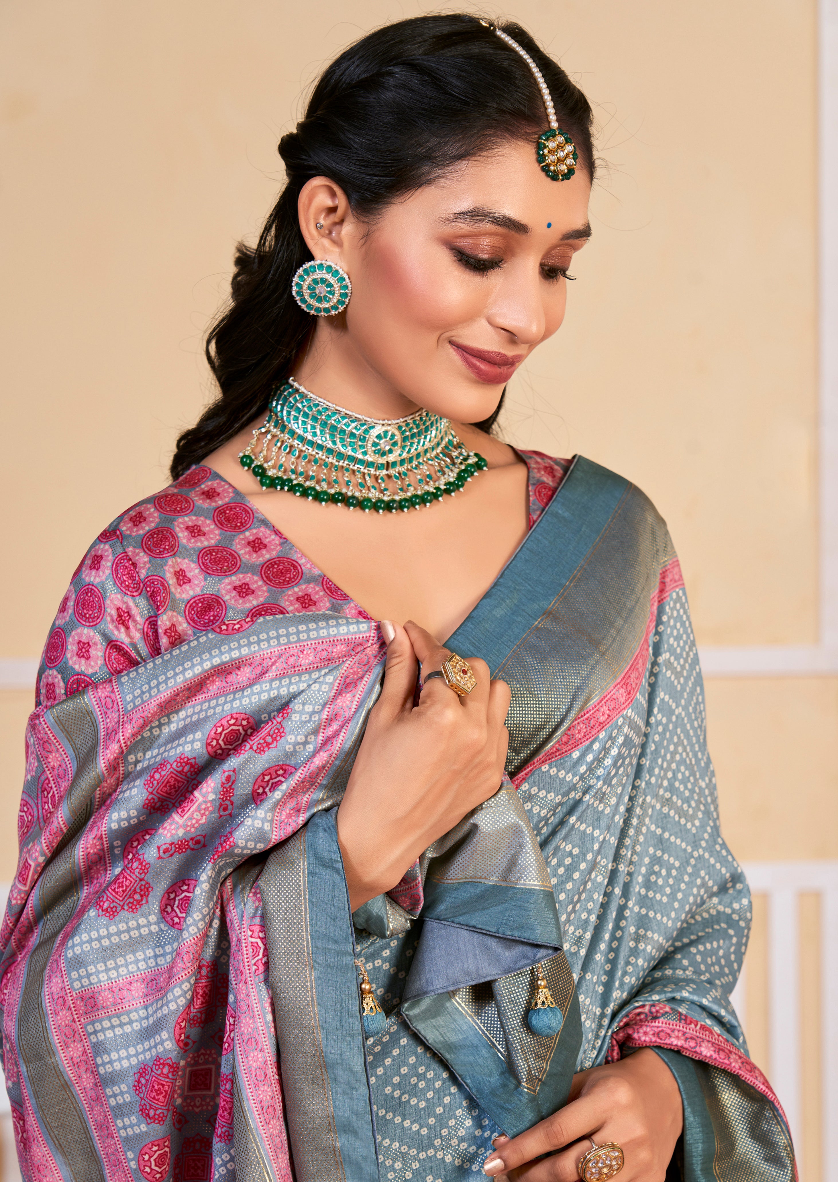 Pastel Blue Tussar Silk Bandhani Print Saree