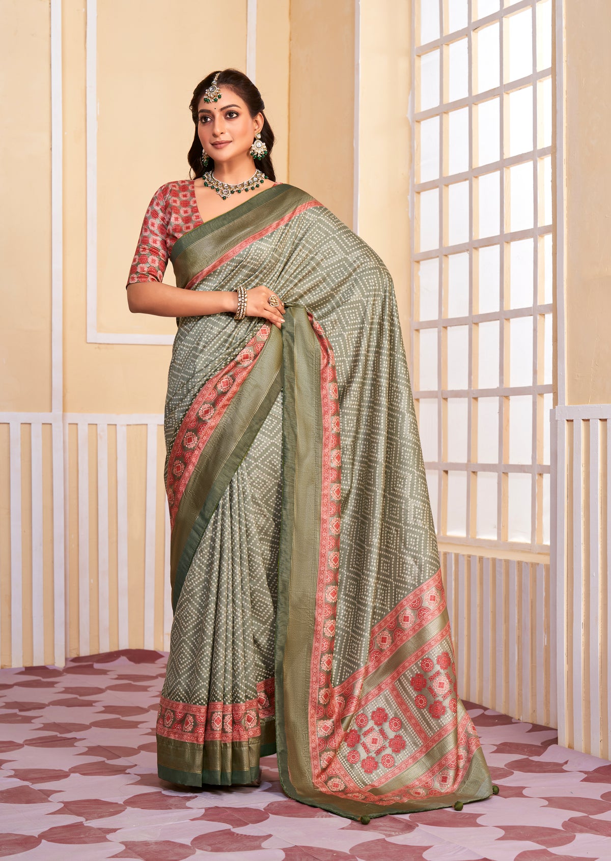 Grey Olive Tussar Silk Bandhani Print Saree