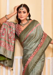 Grey Olive Tussar Silk Bandhani Print Saree