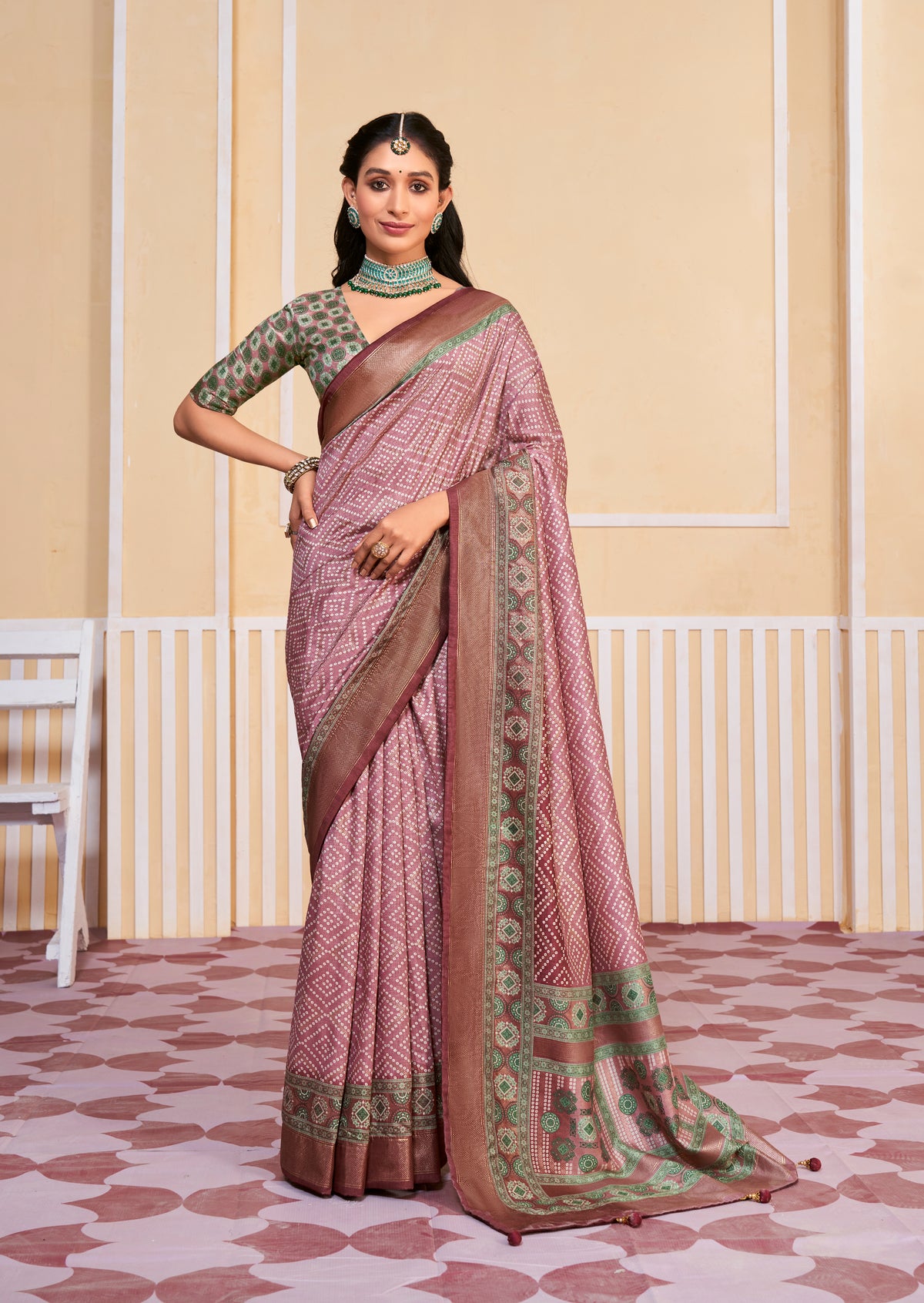 Dull Pink Tussar Silk Bandhani Print Saree