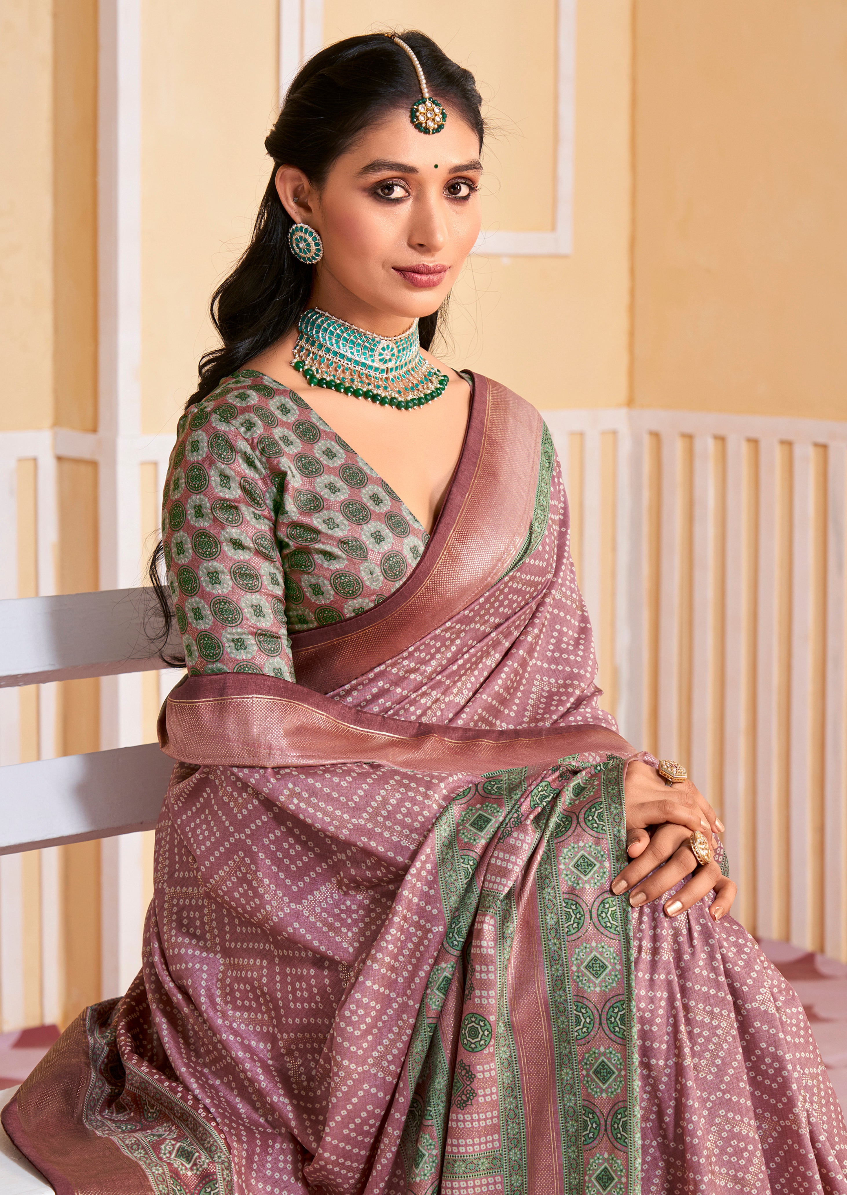 Dull Pink Tussar Silk Bandhani Print Saree