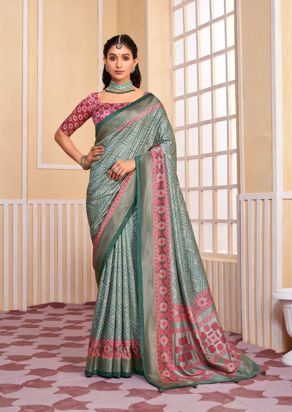 Greenish Grey Tussar Silk Bandhani Print Saree