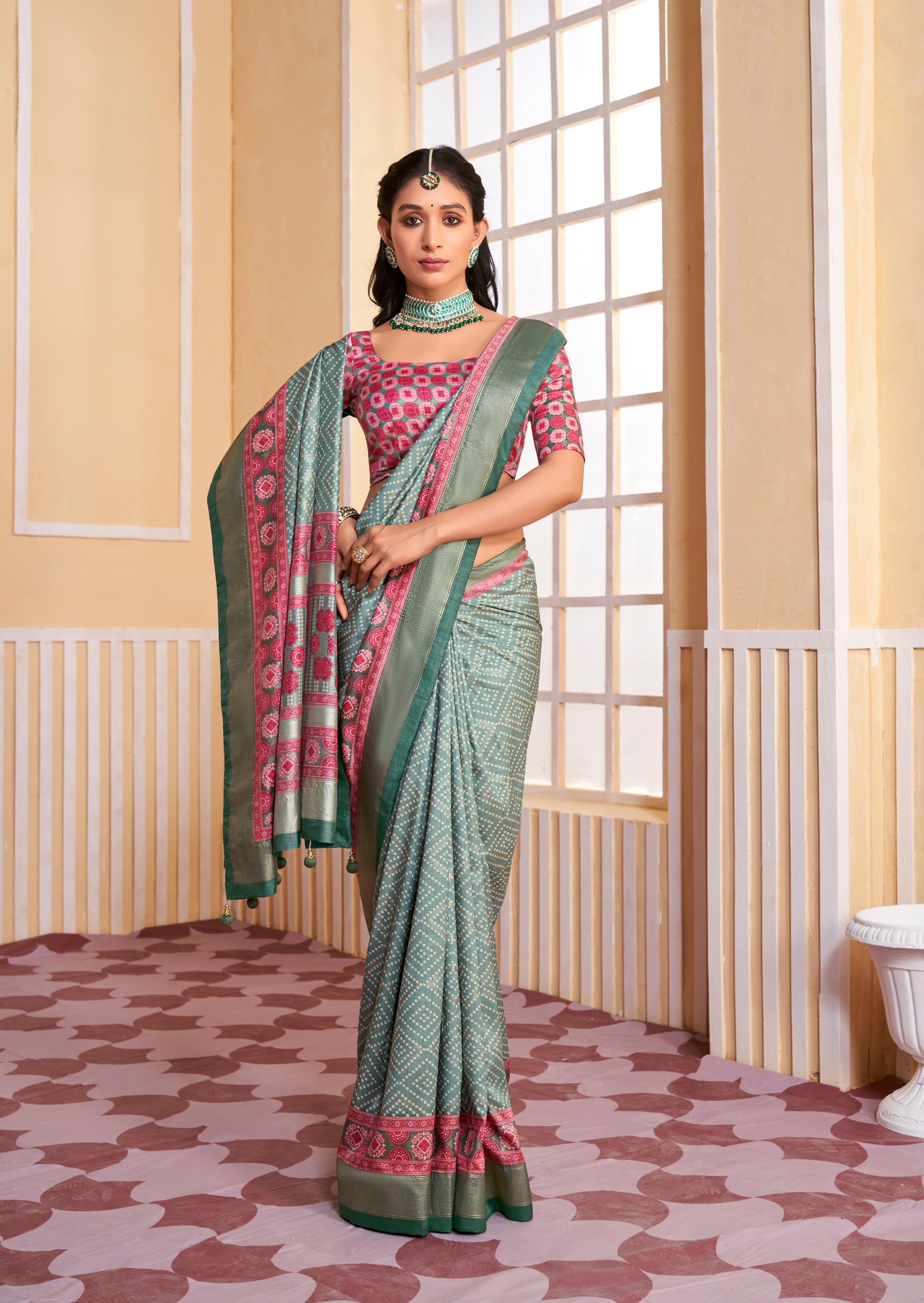 Greenish Grey Tussar Silk Bandhani Print Saree