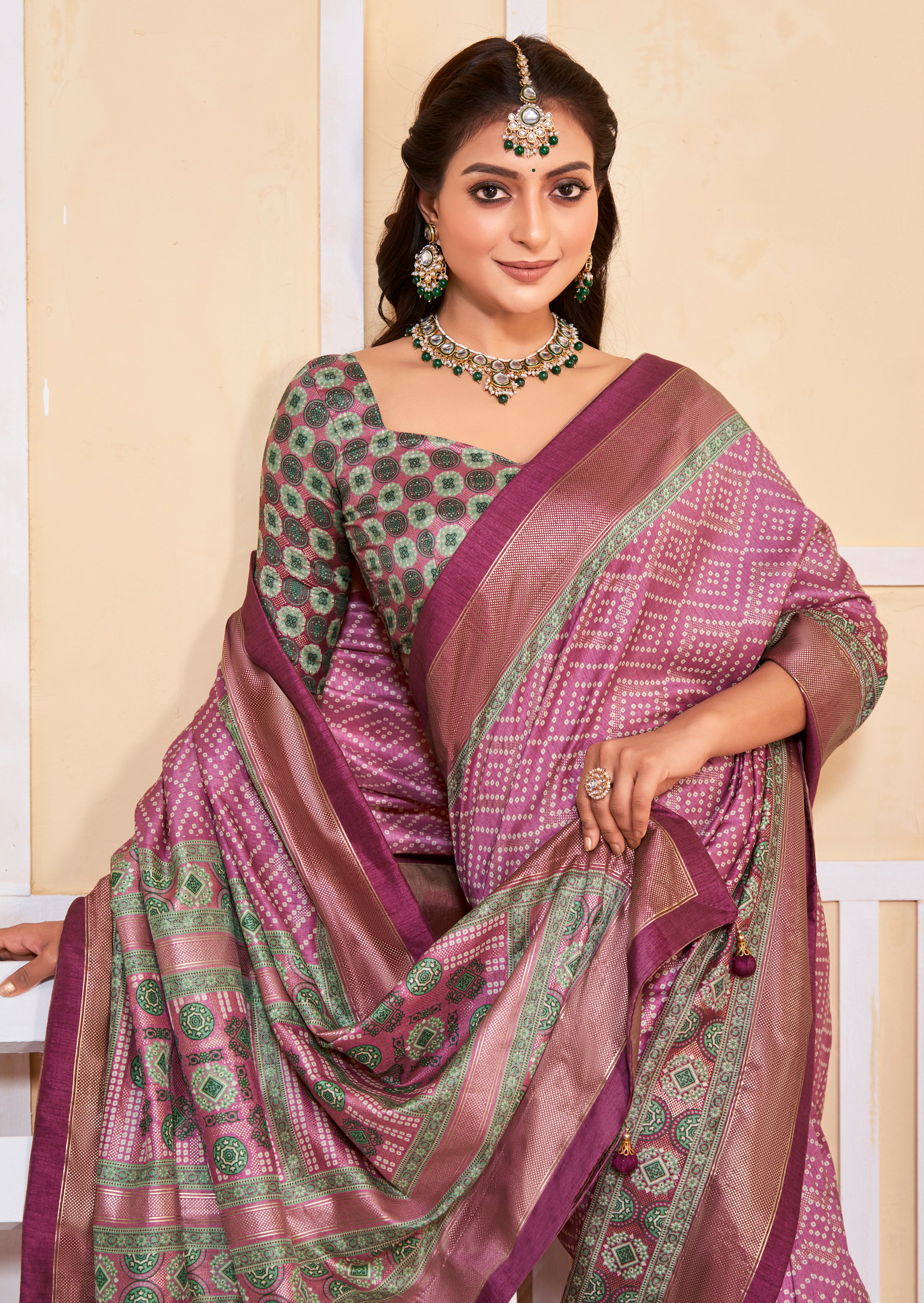 Tulip Pink Tussar Silk Bandhani Print Saree