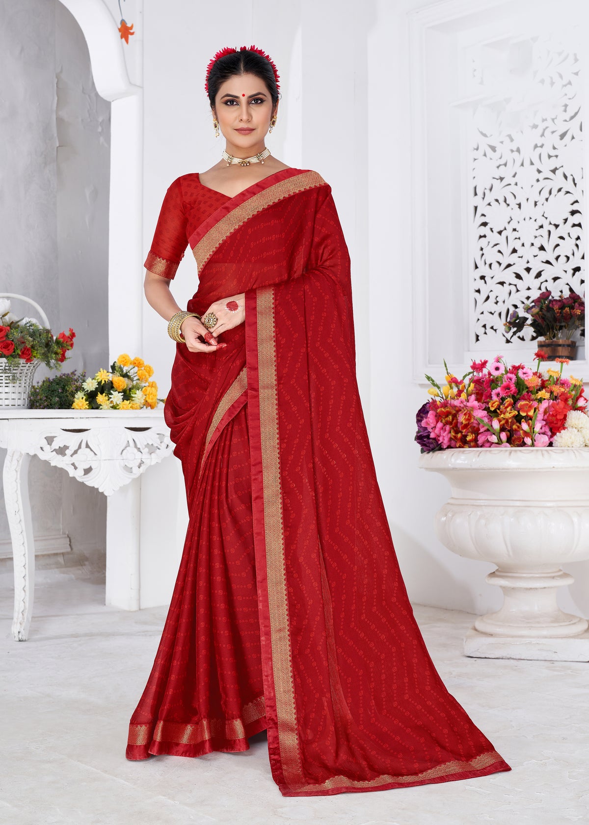 Red Wine Moss Chiffon Bandhani Print Saree