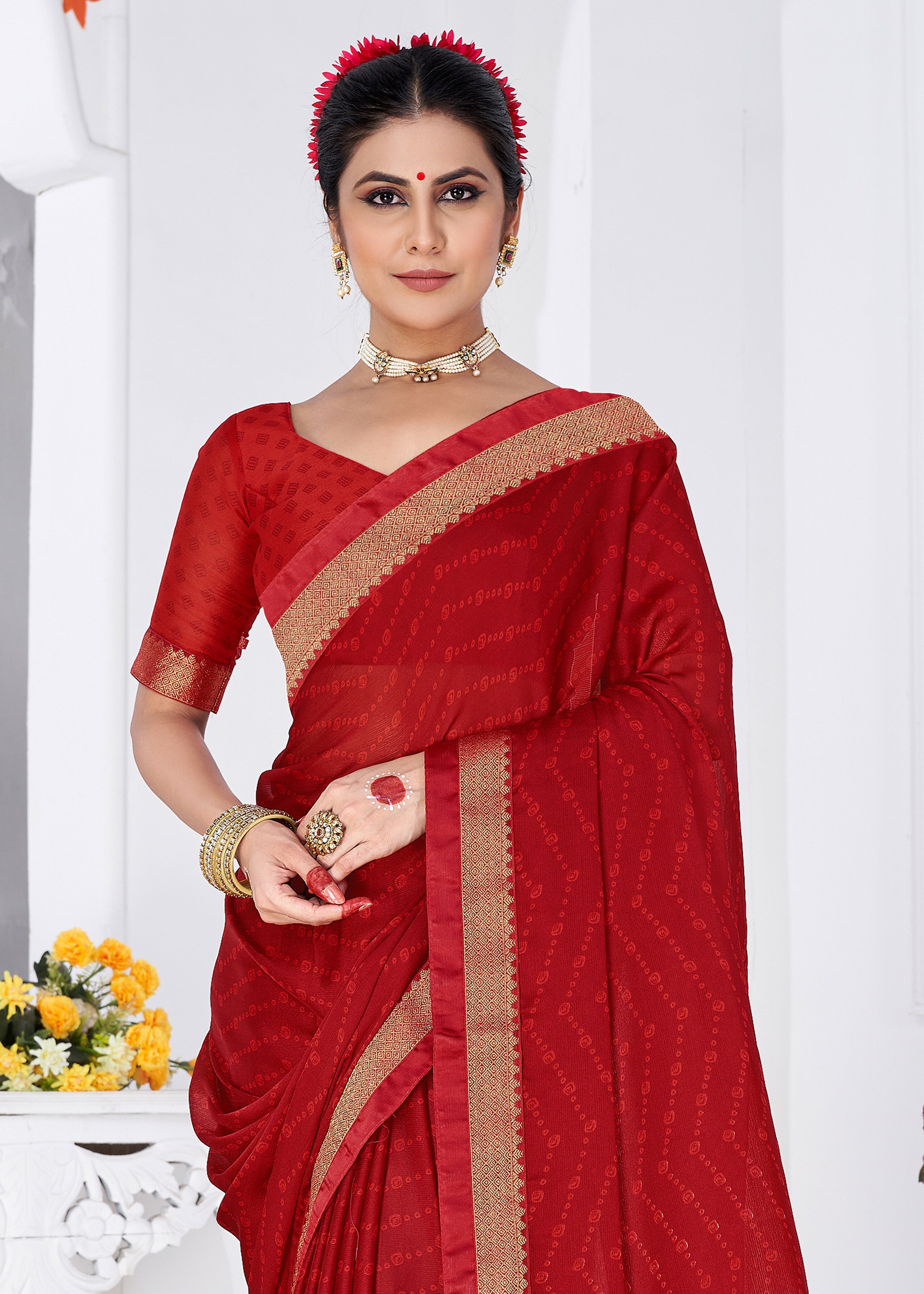 Red Wine Moss Chiffon Bandhani Print Saree