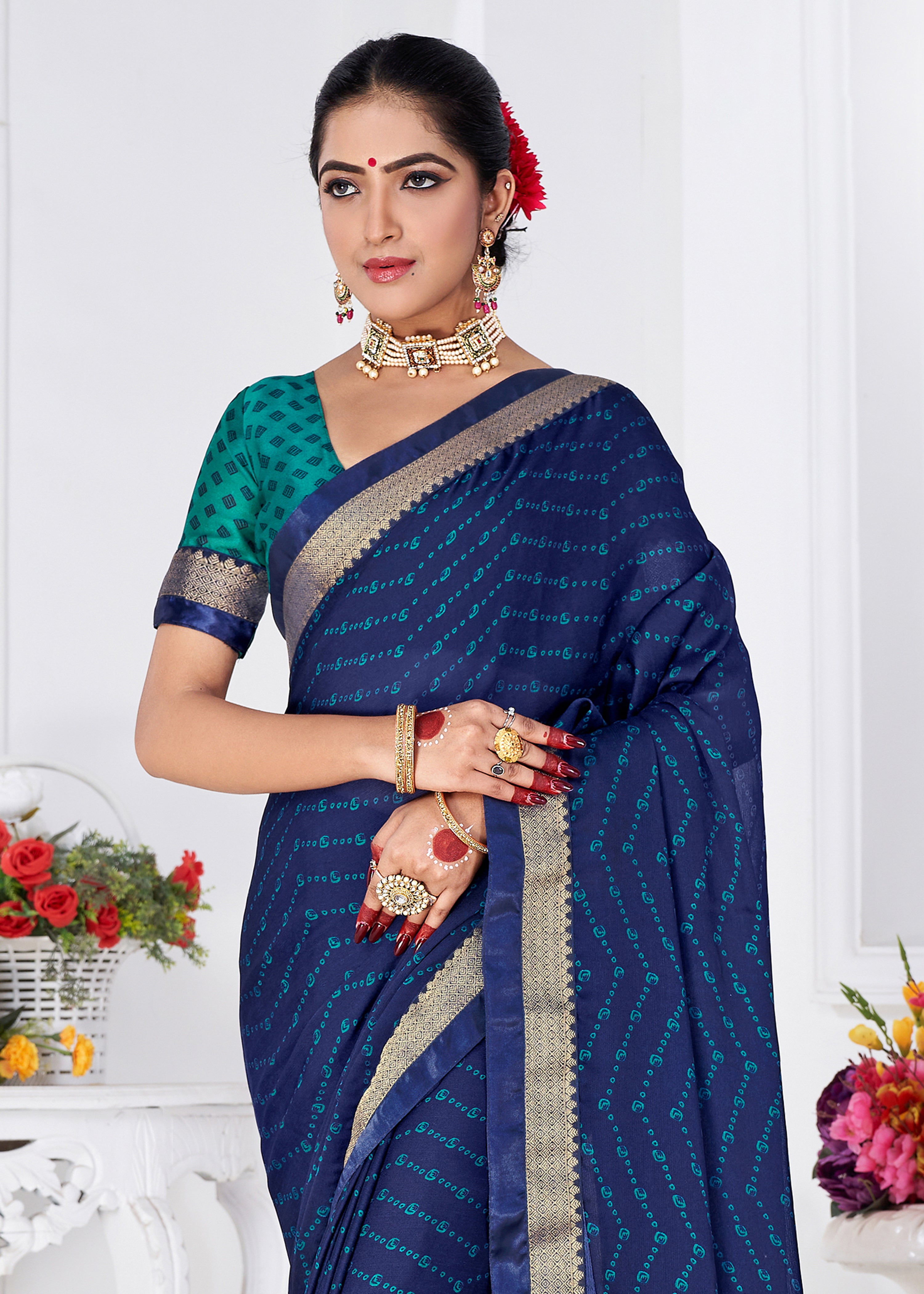 Indigo Moss Chiffon Bandhani Print Saree