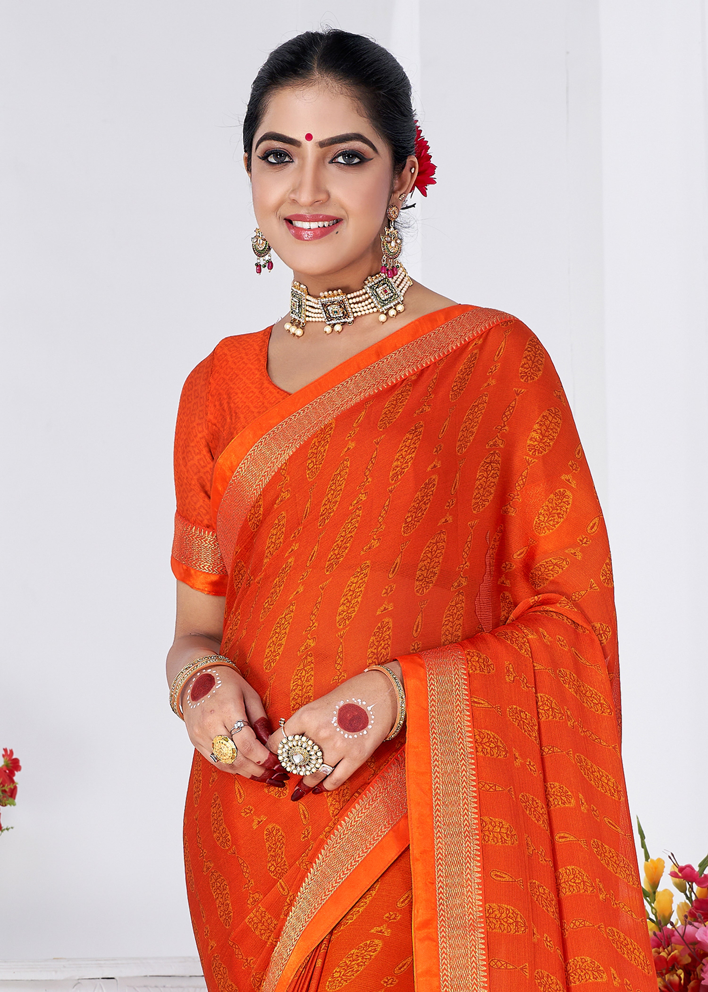 Deep Orange Moss Chiffon Bandhani Print Saree