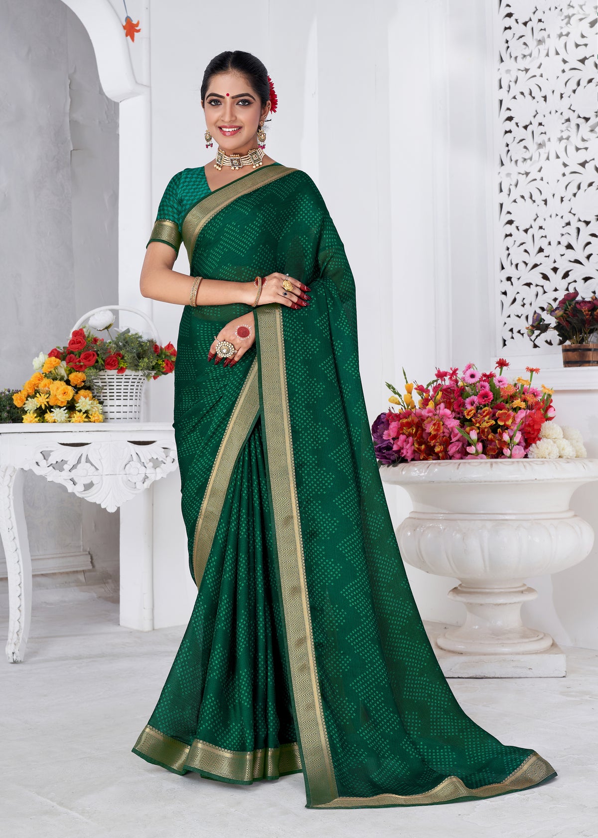 Teal Moss Chiffon Bandhani Print Saree