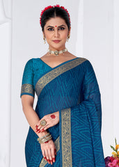 Light Navy Blue Moss Chiffon Bandhani Print Saree