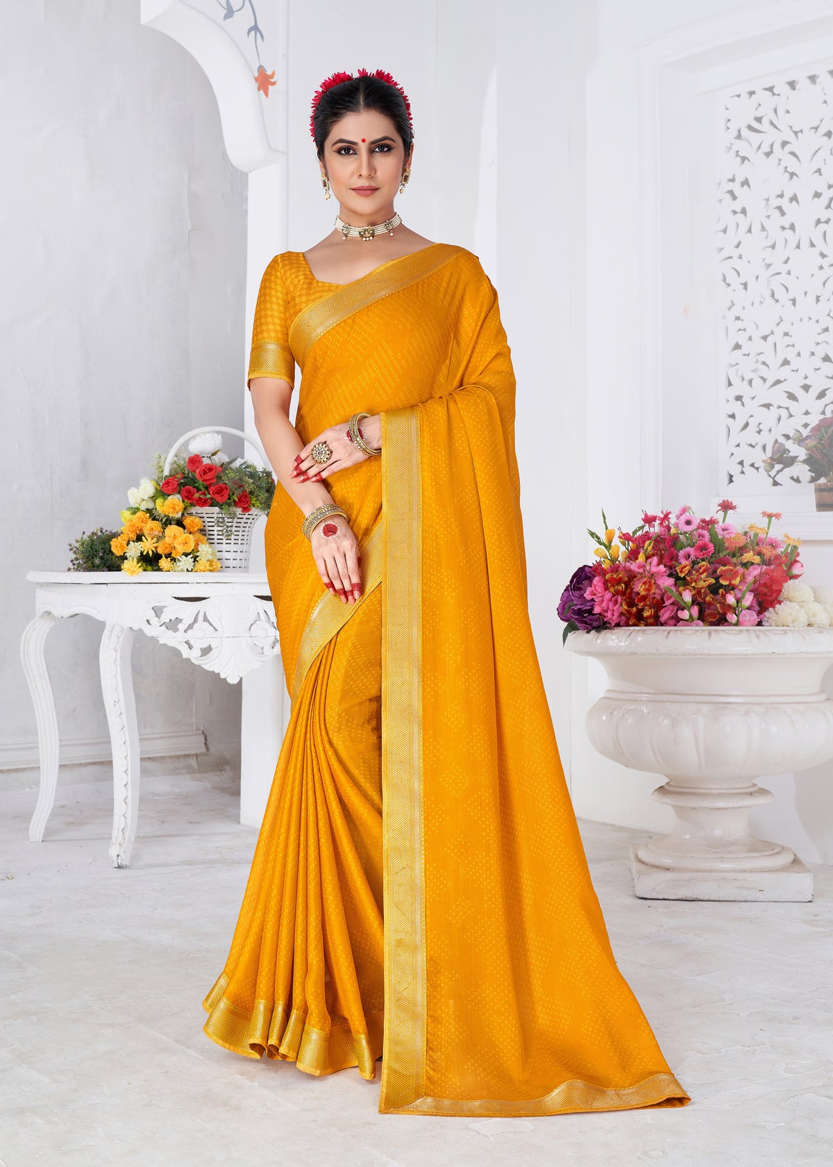 Orange Moss Chiffon Bandhani Print Saree