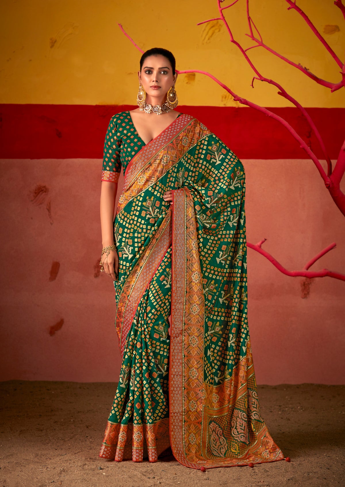 Bottle Green Silk Patola Print Saree