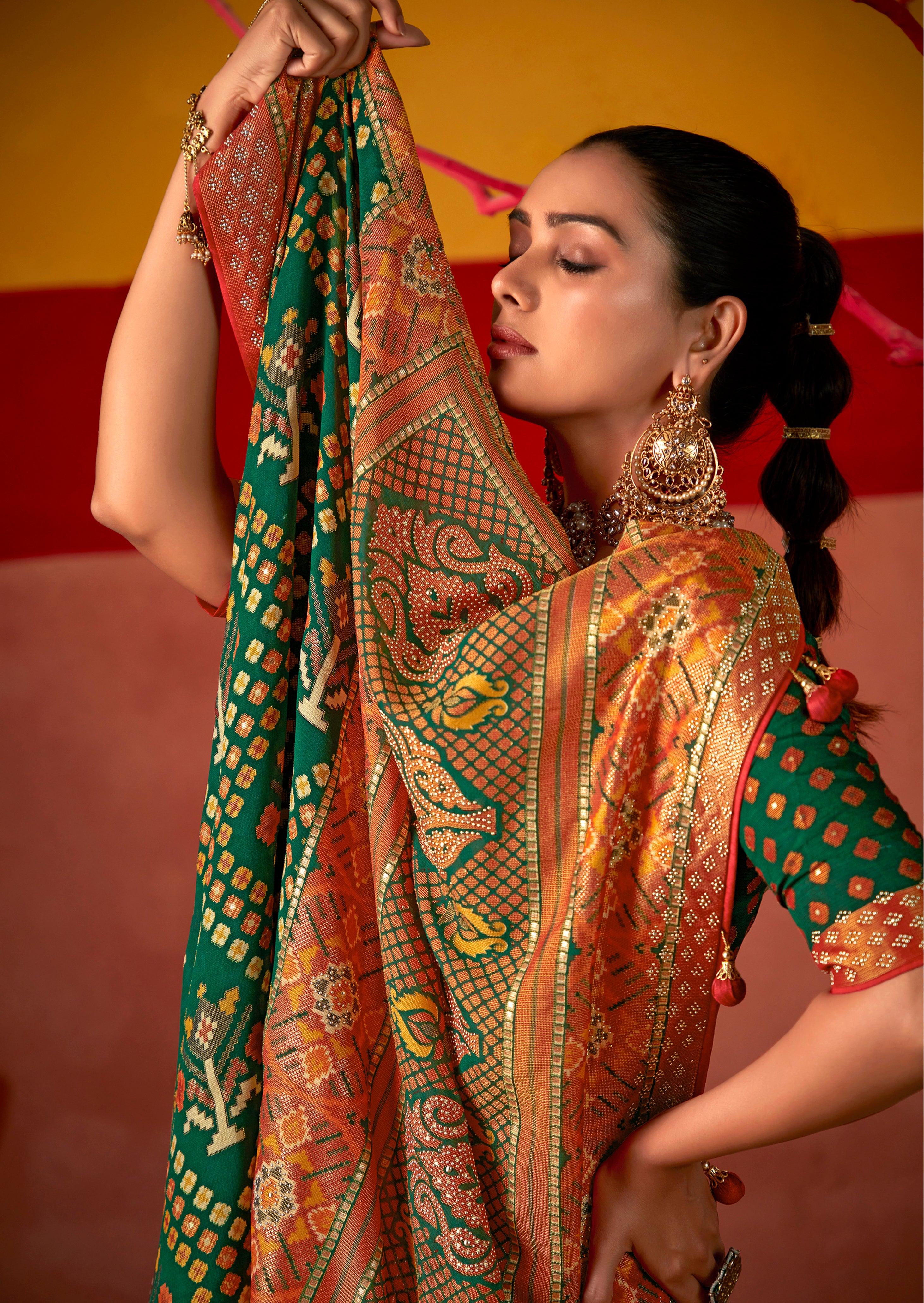 Bottle Green Silk Patola Print Saree