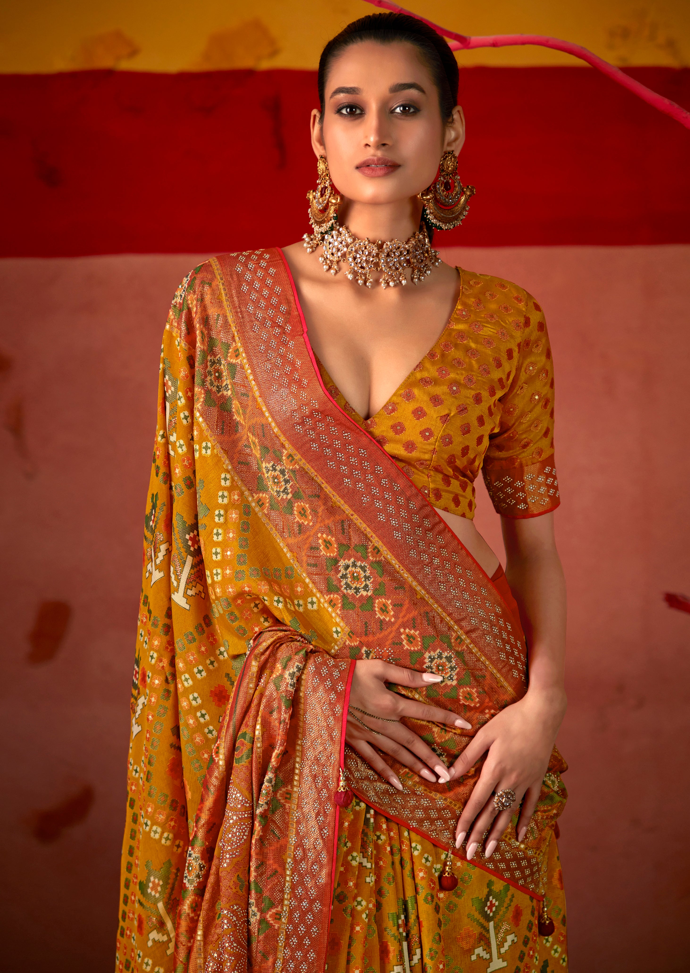 Tahiti Gold Silk Patola Print Saree