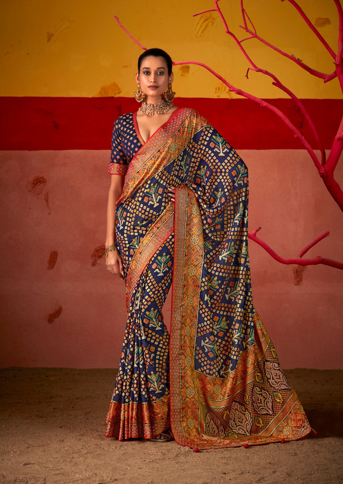 Ebony Clay Blue Silk Patola Print Saree