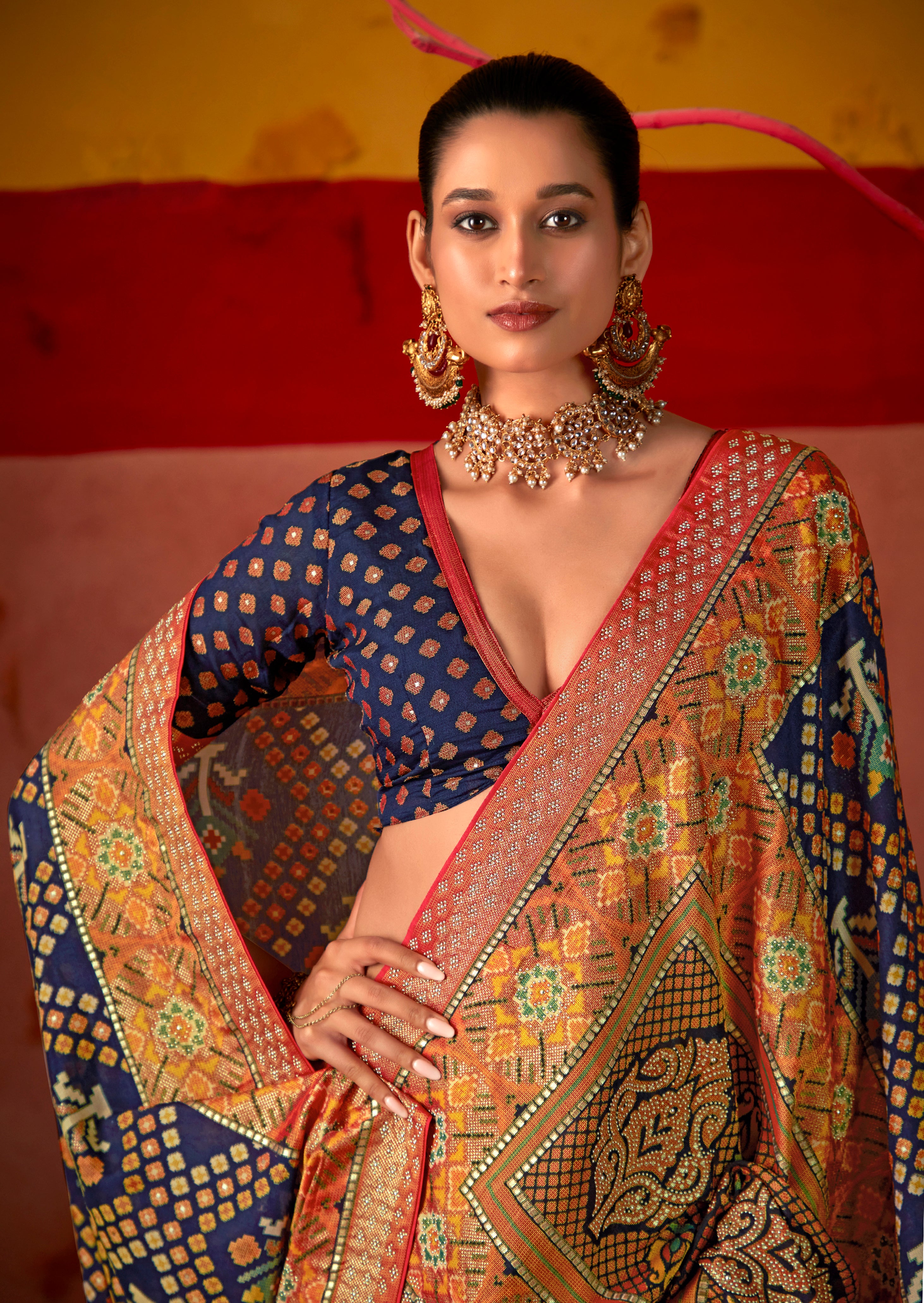 Ebony Clay Blue Silk Patola Print Saree