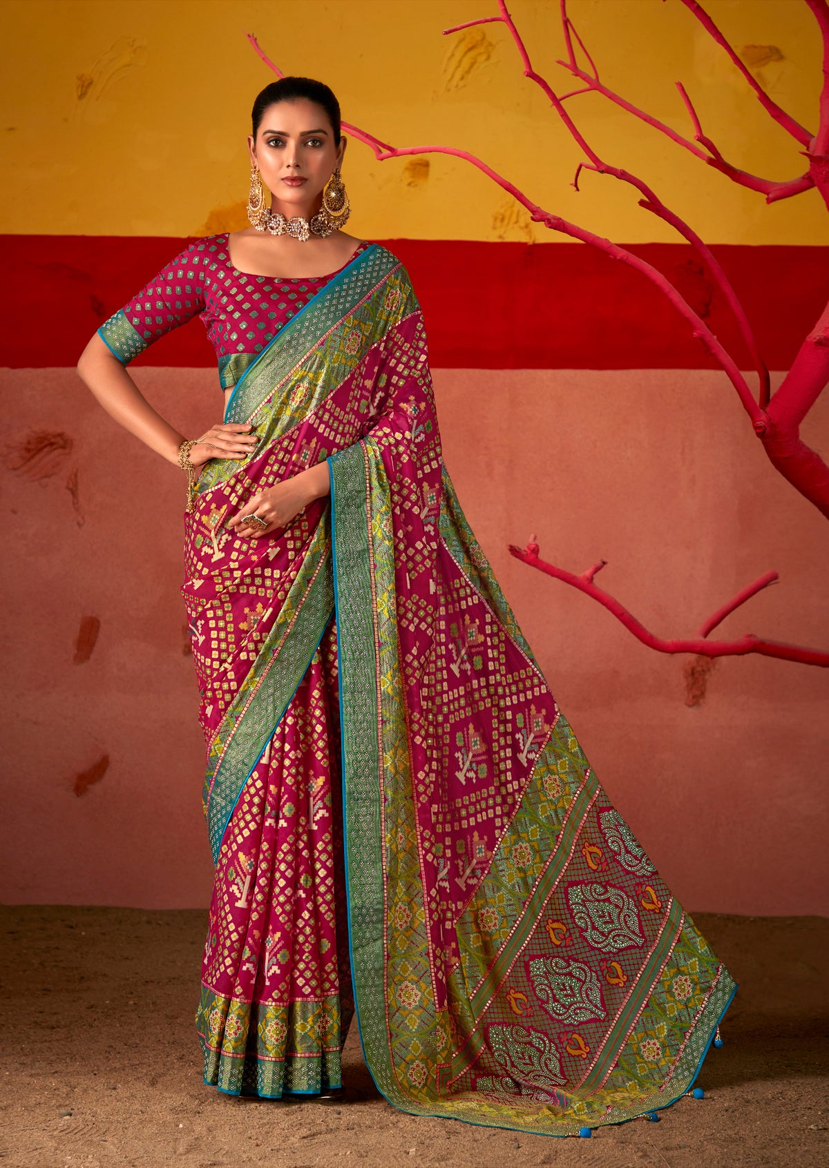 Vivid Burgundy Silk Patola Print Saree