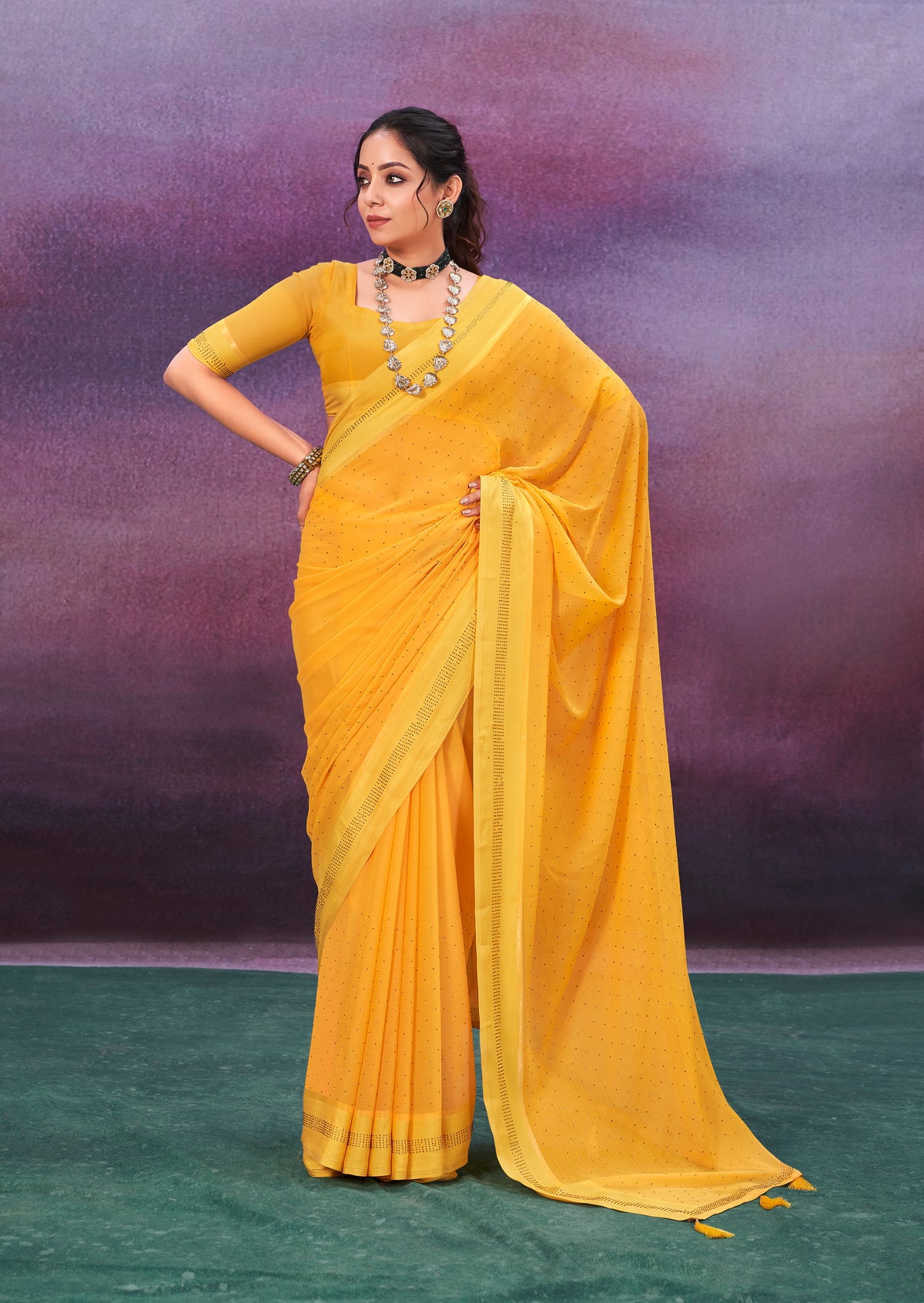 Bee Yellow Chiffon Swarovski Saree