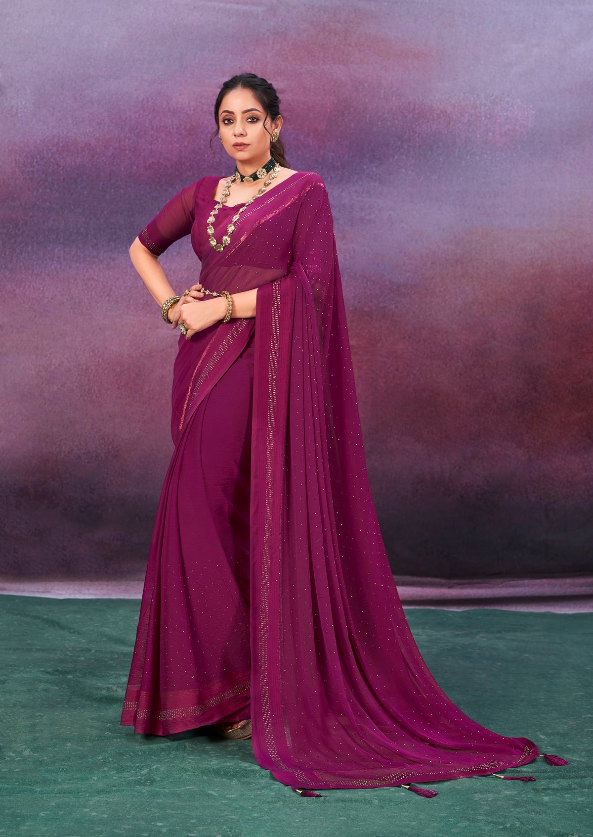 Pansy Purple Chiffon Swarovski Saree