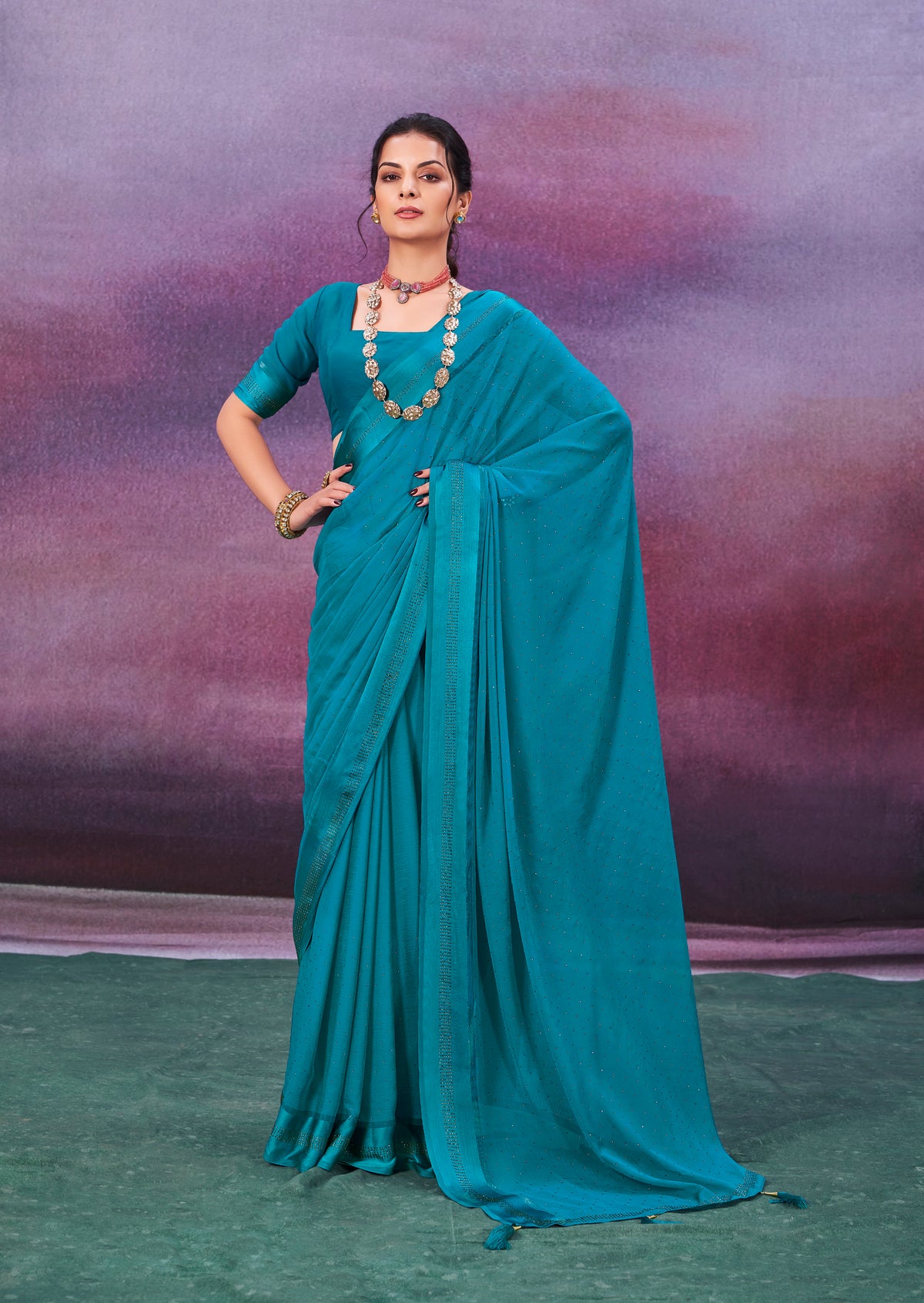 Peacock Blue Chiffon Swarovski Saree