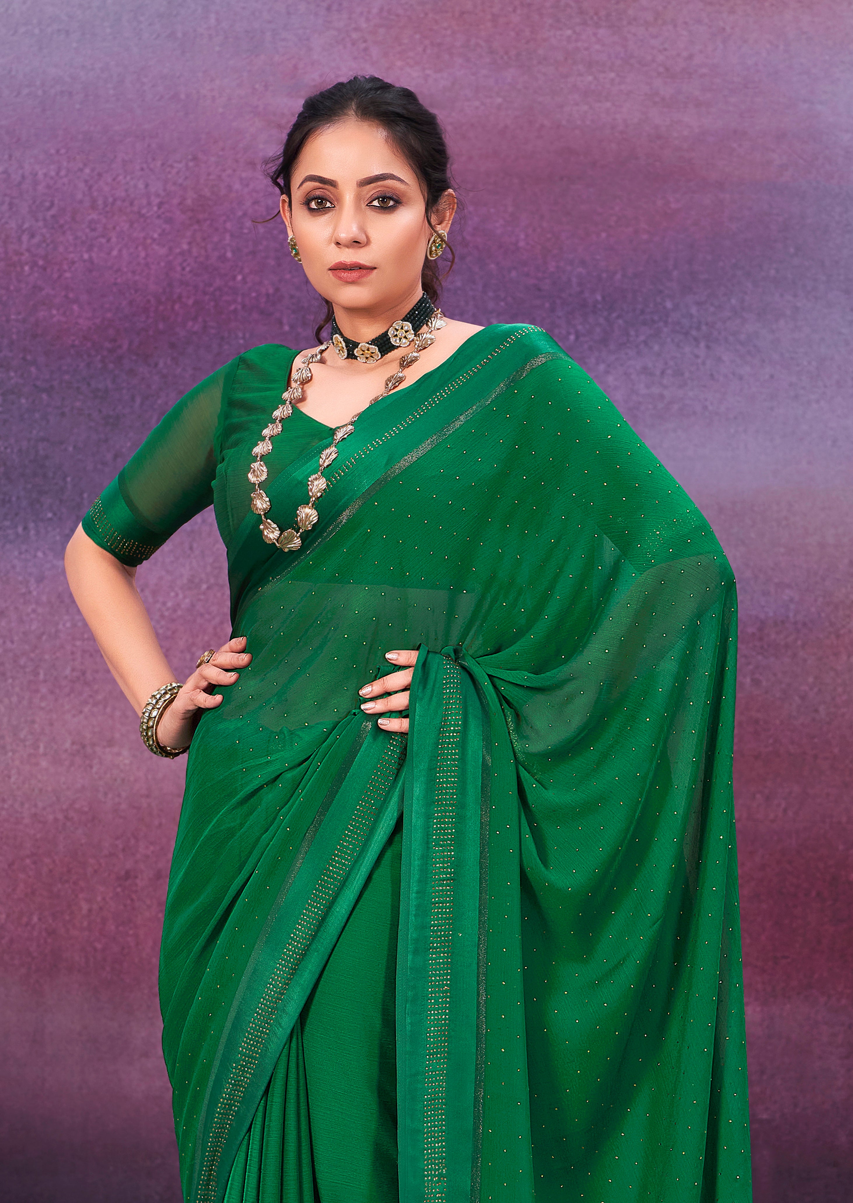 Sherwood Green Chiffon Swarovski Saree