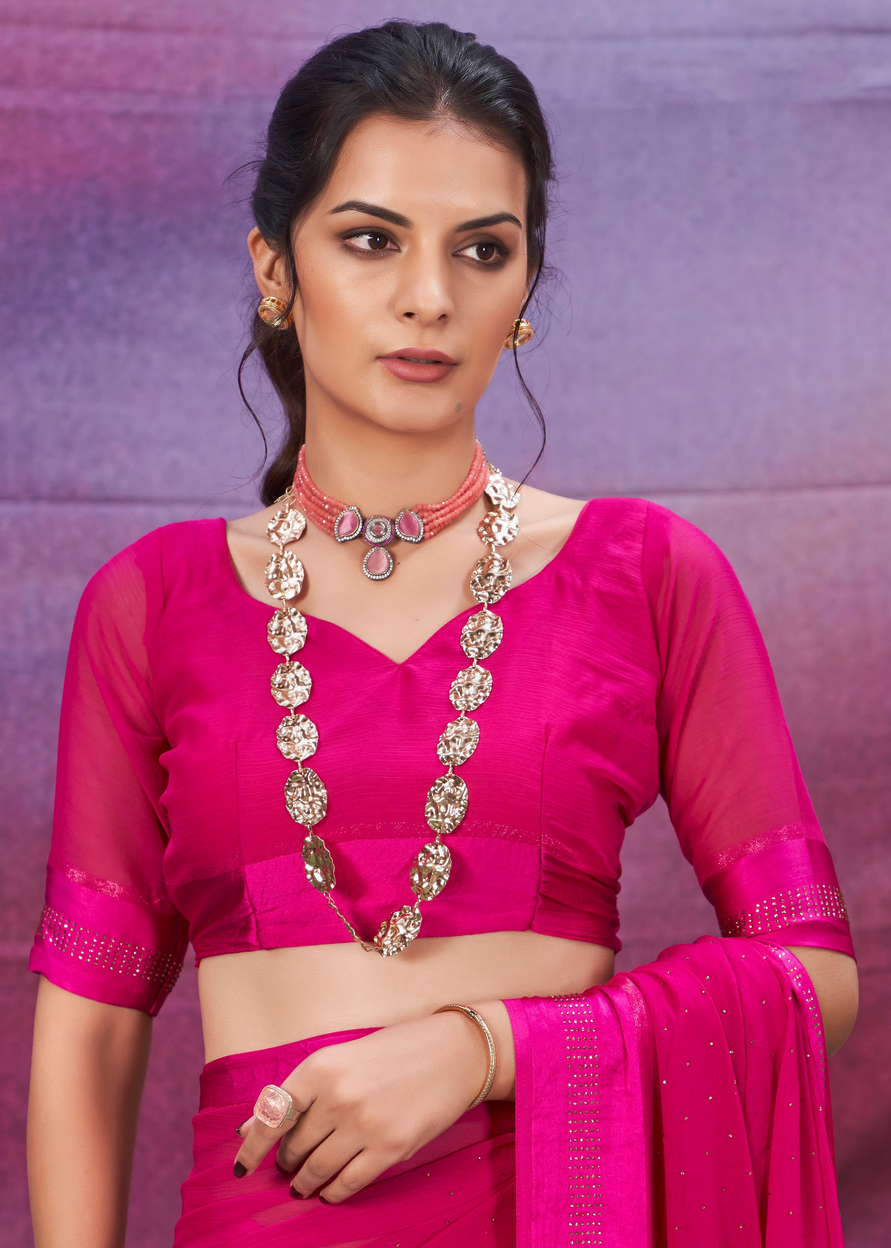 Burnt Pink Chiffon Swarovski Saree