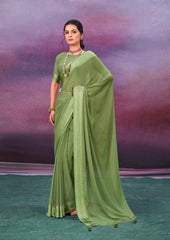 Khaki Green Chiffon Swarovski Saree