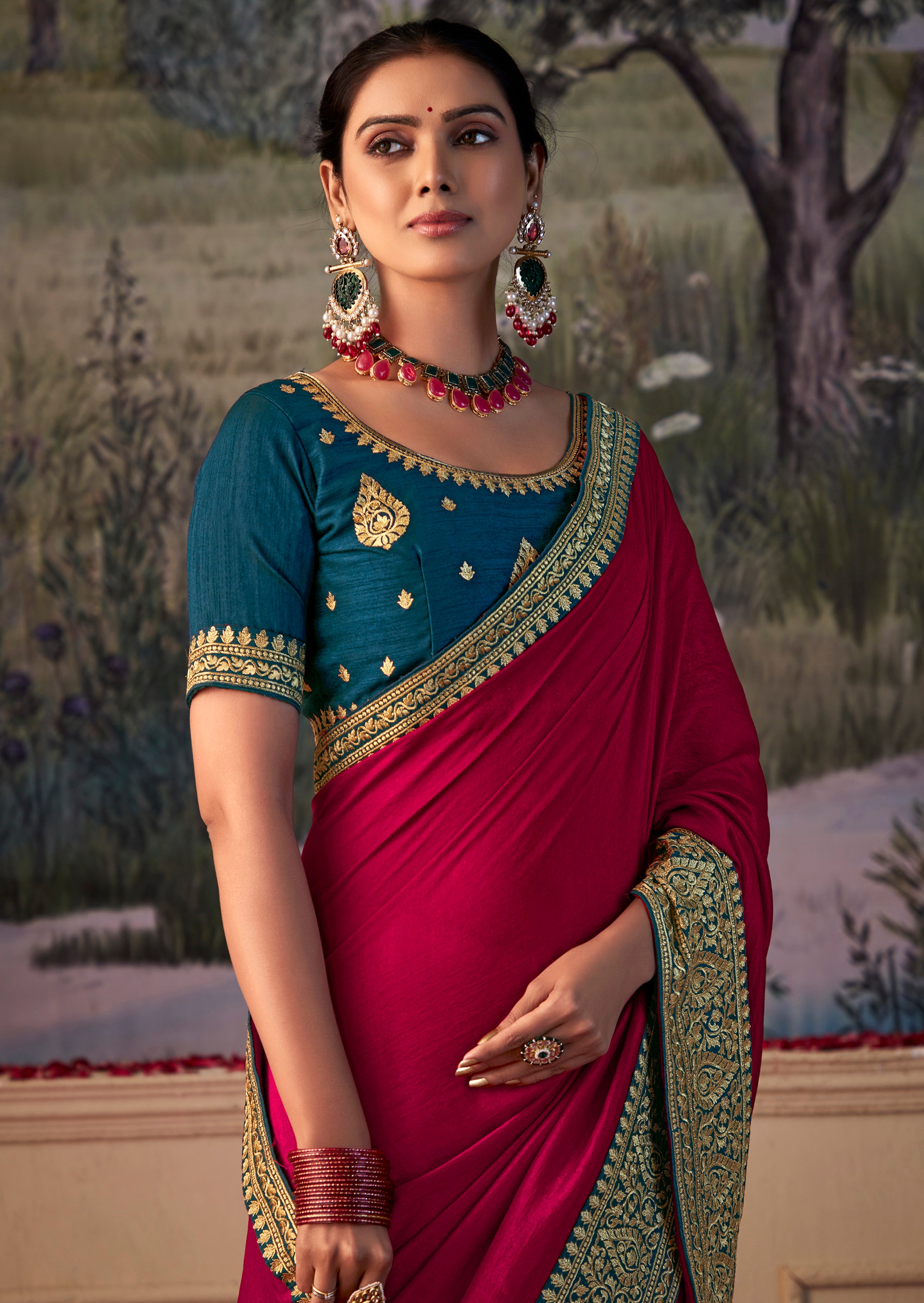 Wine Red Vichitra Gota Patti Saree