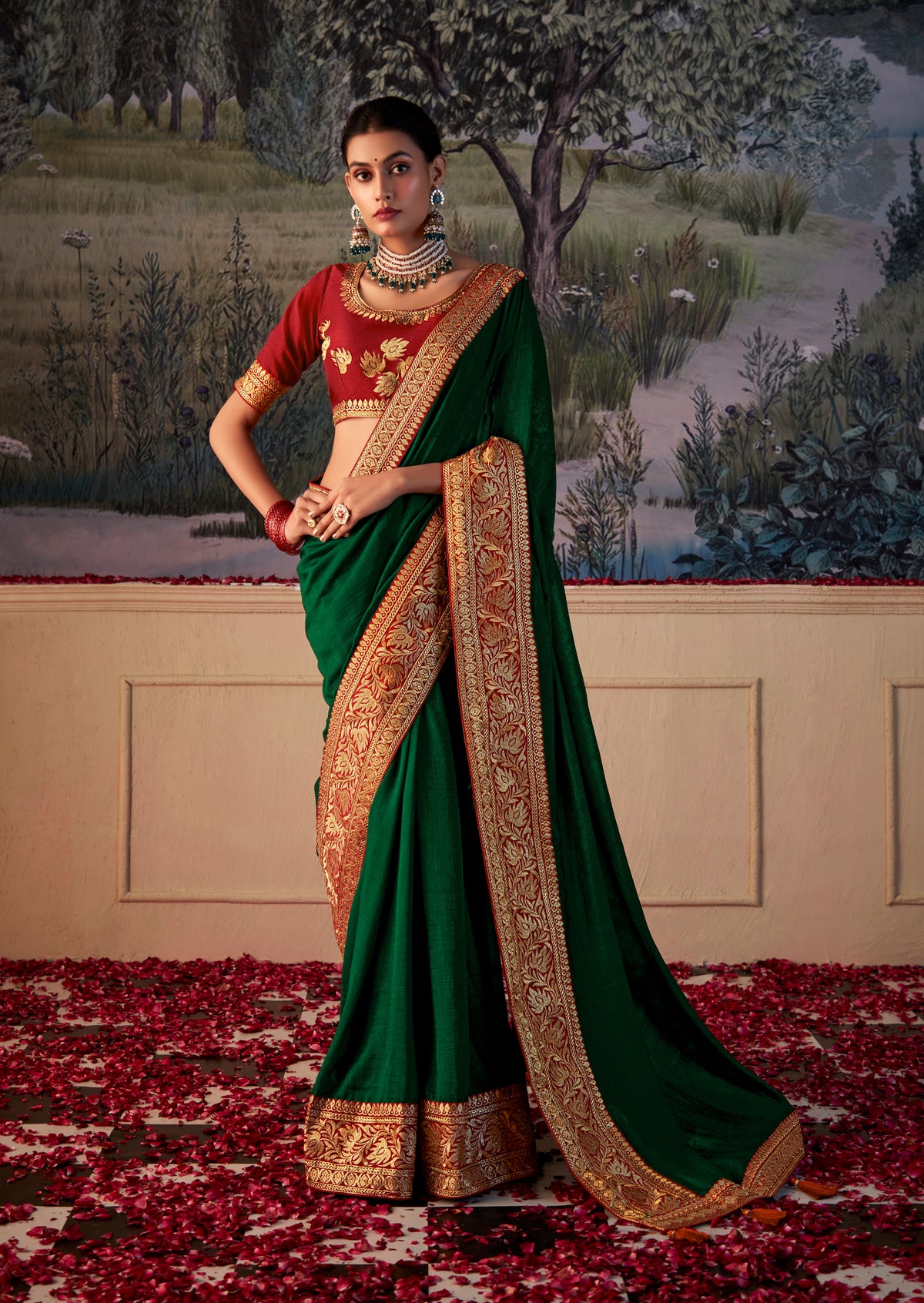 Bottle Green Vichitra Gota Patti Saree